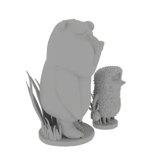 Un rendering 3D di un orso pancione e un simpatico riccio in piedi su basi d'erba, con il riccio che tiene un fiore.