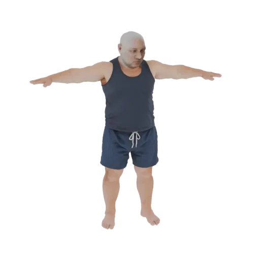3D model of a bald man in a T-pose, wearing a dark blue tank top and matching shorts, with arms outstretched.