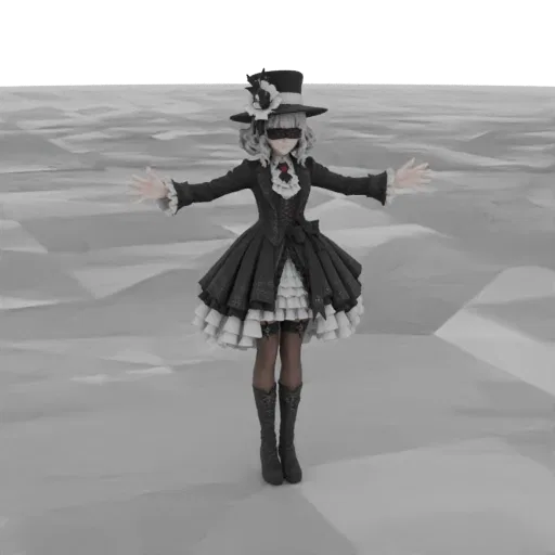 3D model of a Gothic Lolita doll with a black top hat, blindfold, and ornate black dress, standing with arms outstretched.