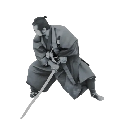 3D model of a samurai warrior in a low combat stance, holding a katana, rendered in grayscale.