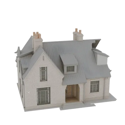 Modèle 3D d'une maison classique en brique à deux étages avec un toit gris, des lucarnes et deux cheminées, sur fond blanc.