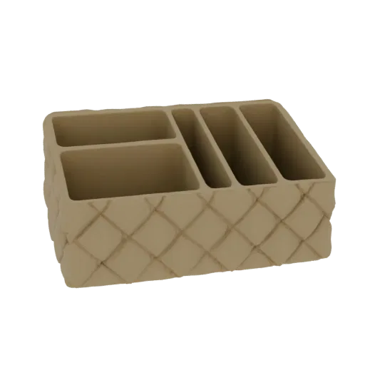 3D model of a beige woven organizer tray with four compartments, featuring a detailed basket weave texture.