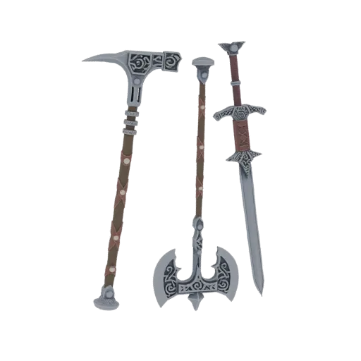3D model render of a fantasy medieval weapons set including a warhammer, battle axe, and sword with ornate designs.