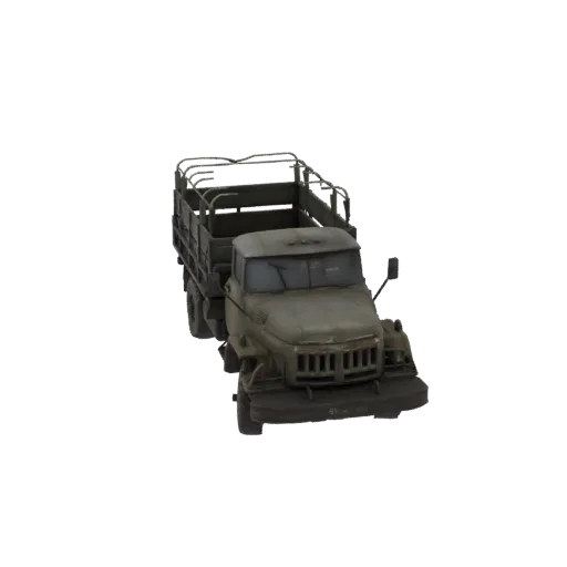 3D model of a weathered, olive-drab Soviet ZIL-130 military truck with a canvas-covered cargo bed, viewed from a three-quarte