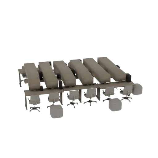 3D Modell eines modernen Computerraums mit Tischreihen, Monitoren, Bürostühlen und Sitzsäcken für eine Lounge-Ecke.