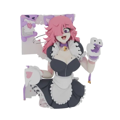 3D model of a Neko Maid character with pink hair, cat ears, and a maid outfit, holding a cat plush toy.