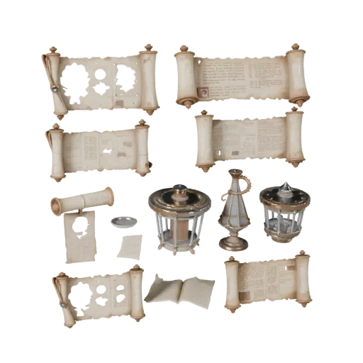 Fantasy Scroll Bundle 3D model, three-quarter front view, Unreal Engine viewport, showing paper-like cards, form detail.