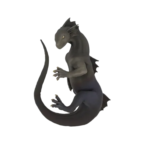 3D model of a dark dragon hatchling with yellow eyes, coiled pose, and sharp claws against a black background.