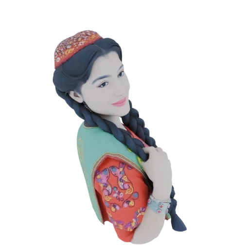 3D model bust of a young Uzbek girl with braided hair, wearing a traditional embroidered cap and colorful clothing.