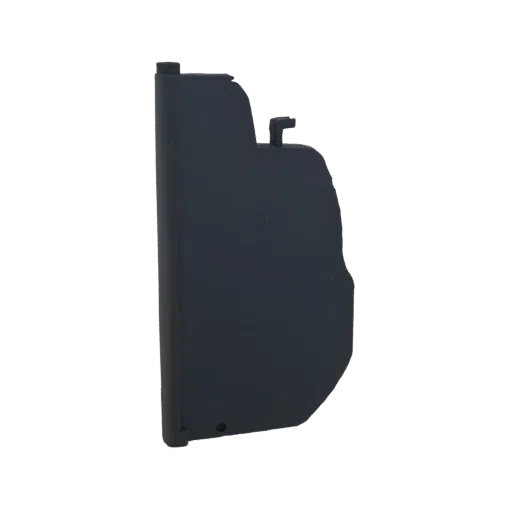 A 3D model of a dark gray electronic component housing, viewed from the side.