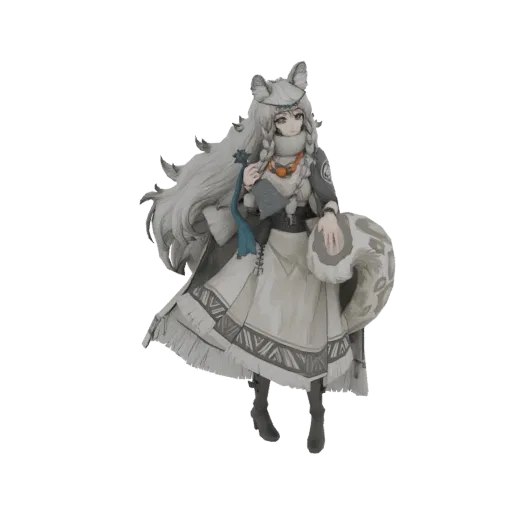 3D model of a winter wolf girl with long braided white hair, wearing a cozy turtleneck and layered clothing, with wolf ears a