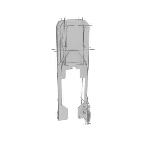 3D model render of a futuristic vehicle chassis with exposed mechanical parts and a grey finish, set against a black backgrou