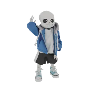 Modelo 3D de Sans de Undertale, un personaje esqueleto con chaqueta azul, camiseta blanca, pantalones cortos negros y zapatil