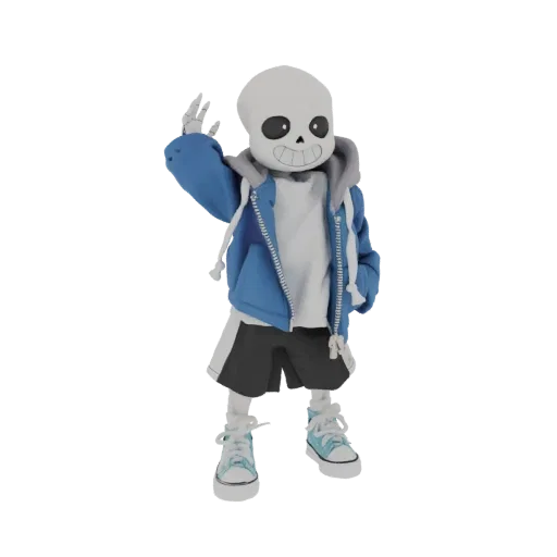 Modello 3D di Sans da Undertale, un personaggio scheletro con giacca blu, maglietta bianca, pantaloncini neri e sneakers blu,