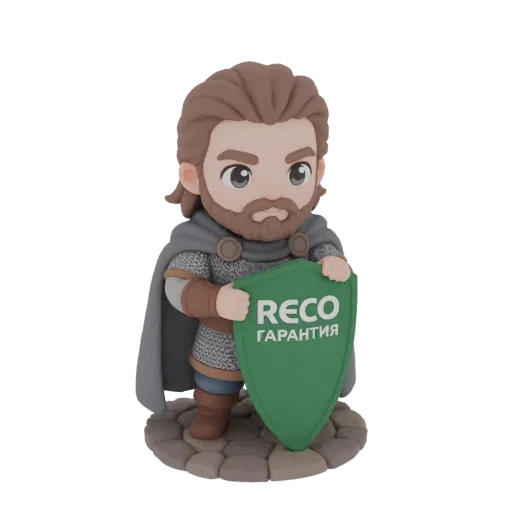 Un rendu 3D d'un personnage de chevalier Chibi mignon portant une armure médiévale et une cape, tenant un bouclier vert avec