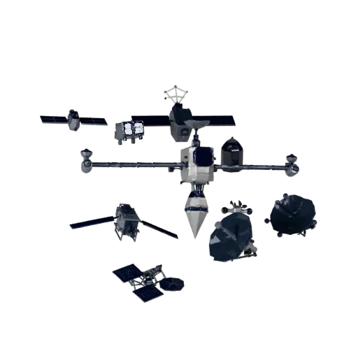 Weather Orbital Telescope Low Poly 3D model, game viewport three-quarter view, showing solar panels, form detail.