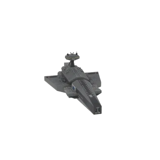 3D model of a grey Imperial Star Destroyer spaceship, viewed from a slightly elevated front-left angle, against a white backg