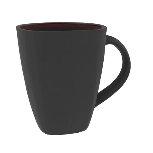 A 3D render of a matte black ceramic mug with a red interior, set against a black background.