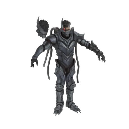 3D model of a dark knight in full plate armor, with red glowing eyes and a tattered cape, standing in a t-pose.