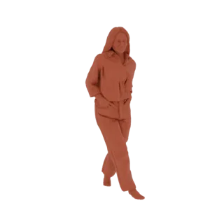 Modello 3D di donna con outfit casual, catturata in posa di camminata con mani in tasca, su sfondo bianco.