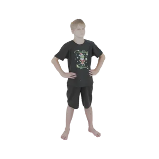 3D-Modell eines jungen Jungen mit blonden Haaren, der ein dunkles grafisches T-Shirt und Shorts trägt und mit den Händen in d