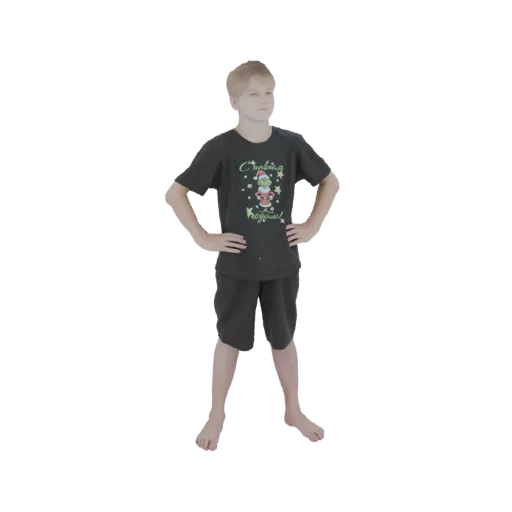 3D model of a young boy with blonde hair, wearing a dark graphic t-shirt and shorts, standing with hands on hips.