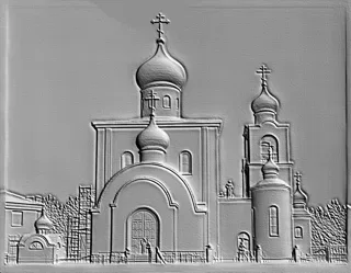 Modello 3D bassorilievo chiesa ortodossa russa con cupole dorate, vista frontale