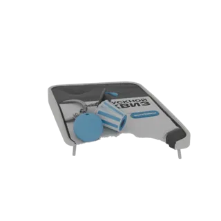 3D render of a blue and white striped cup keychain with a round blue tag, on a white background.