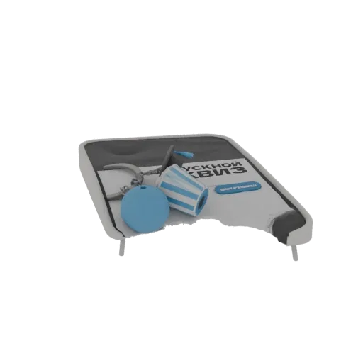 3D render of a blue and white striped cup keychain with a round blue tag, on a white background.