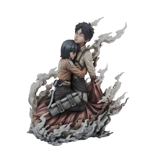 Modello 3D di Eren Yeager e Mikasa Ackerman in un abbraccio stretto, circondati da fumo vorticoso e tessuto, ispirato a Attac
