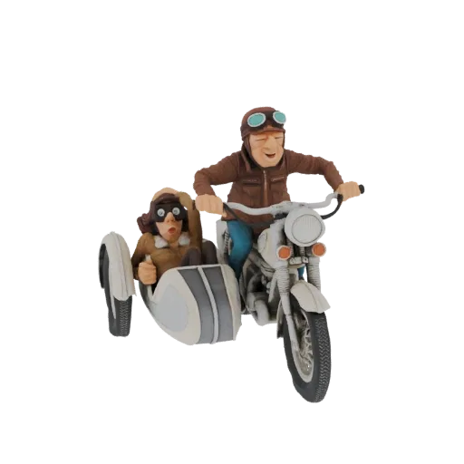3D model of a vintage motorcycle with a sidecar, carrying two aviator-style figures with goggles and leather jackets.