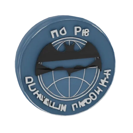 3D render of a circular emblem with a black Batman logo on a blue globe, surrounded by white Cyrillic text.