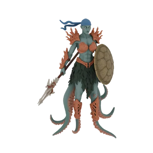 3D model of a female Octopus Warrior with blue bandana, coral armor, green skirt, tentacles, spear, and turtle shell shield.