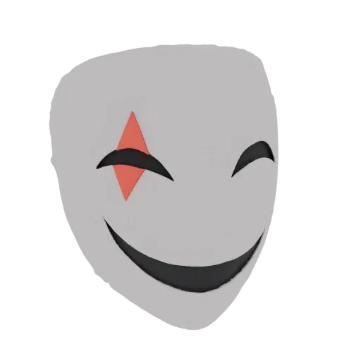 3D model of a jester mask with a red diamond accent, a winking eye, and a wide smile, set against a black background.