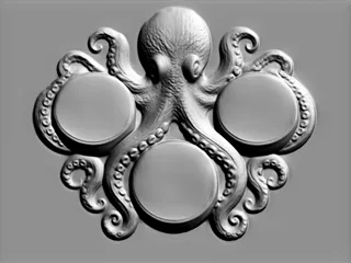 3D model of an octopus bas-relief entwining three round medallions, in monochrome