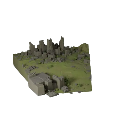 Ruined City Overgrowth Biome 3D model, close-up cinematic environment render, showing terrain layers, terrain detail.