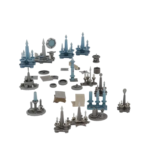 Fantasy Candle Cluster Printable 3D model, isometric STL render, showing paper-like cards, small readable forms.