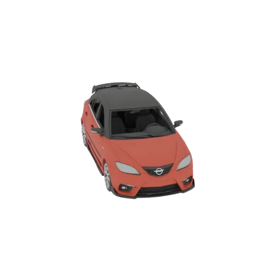3D-Modell eines roten Sport-Hatchbacks mit schwarzem Dach und Spoiler, von vorne im Dreiviertelblick.