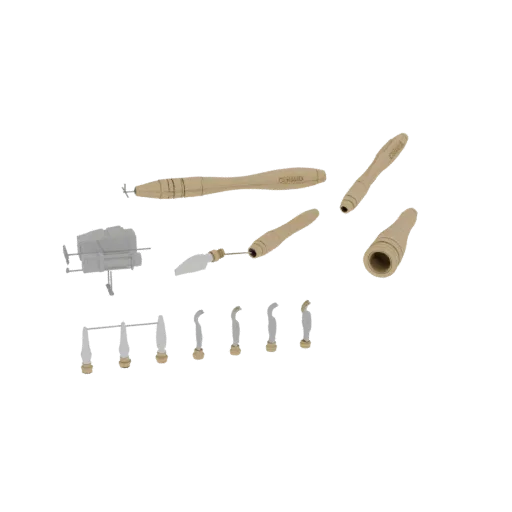 Renderização 3D de um conjunto de ferramentas dentárias com cabos de madeira, incluindo sondas, escavadores e espátulas, disp