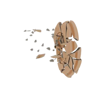 Modello 3D di un disco di legno che esplode, con frammenti e detriti che volano verso l'esterno su sfondo bianco.