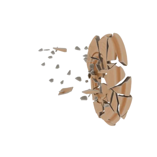 Modelo 3D de un disco de madera explotando, con fragmentos y escombros volando hacia afuera sobre un fondo blanco.