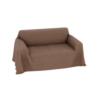 Un modello 3D di un copridivano marrone con un sottile motivo a quadri, drappeggiato su un divano.