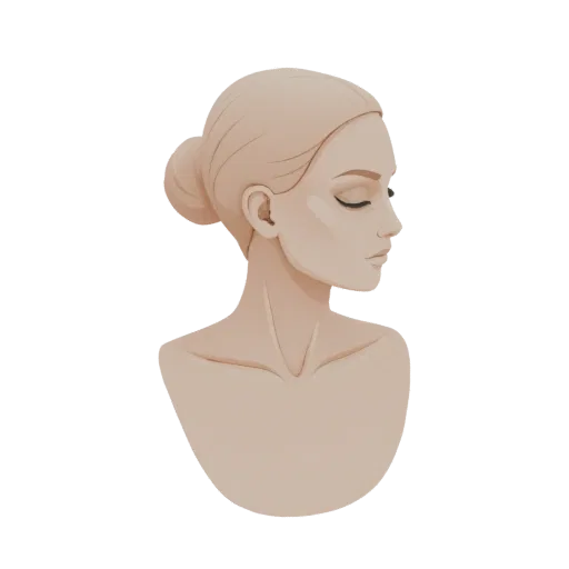 3D model of a woman's bust in profile, with closed eyes and hair in a bun, rendered in a neutral skin tone.