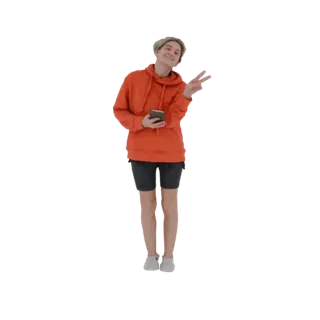 3D model of a young woman wearing an orange hoodie and dark shorts, holding a smartphone and making a peace sign.