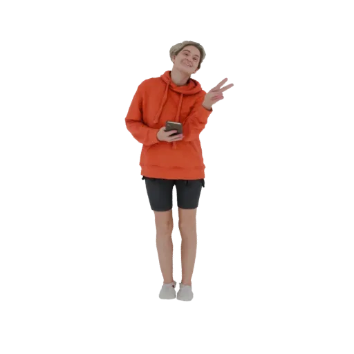3D model of a young woman wearing an orange hoodie and dark shorts, holding a smartphone and making a peace sign.