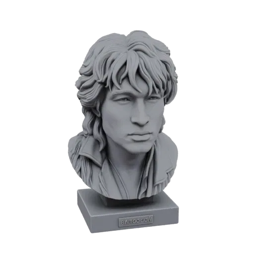 3D model bust of Viktor Tsoi, a Soviet rock musician, with wavy hair and a neutral expression, displayed on a square base.