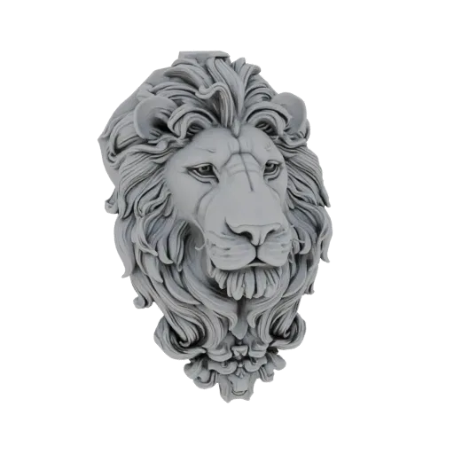 A detailed 3D model render of a grey lion head sculpture, designed as a wall mount with a flowing mane.