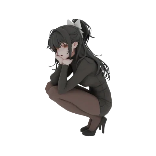 3D model of an anime girl with long dark hair and amber eyes, crouching with her chin resting on her hands, wearing a dark tu