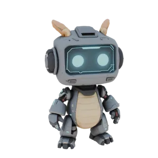 3D-Modell eines Zeichentrick-Roboter-Drachen mit Bildschirm statt Gesicht und leuchtenden Augen, stehend auf weißem Hintergru