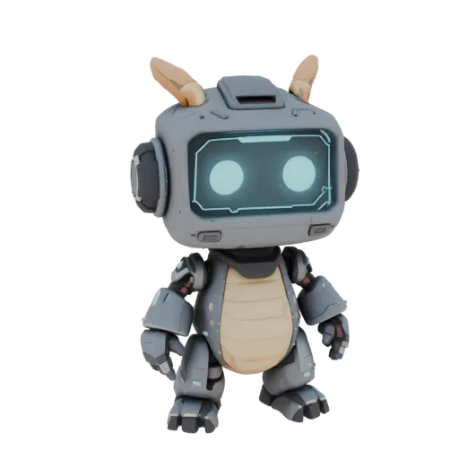 3D model of a cartoon robot dragon with a screen face and glowing eyes, standing on a white background